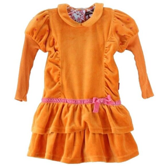 Rabbit Moon Sz 3 Orange Pink Cotton Polyester Ruched Double Ruffle Dress - Picture 1 of 6